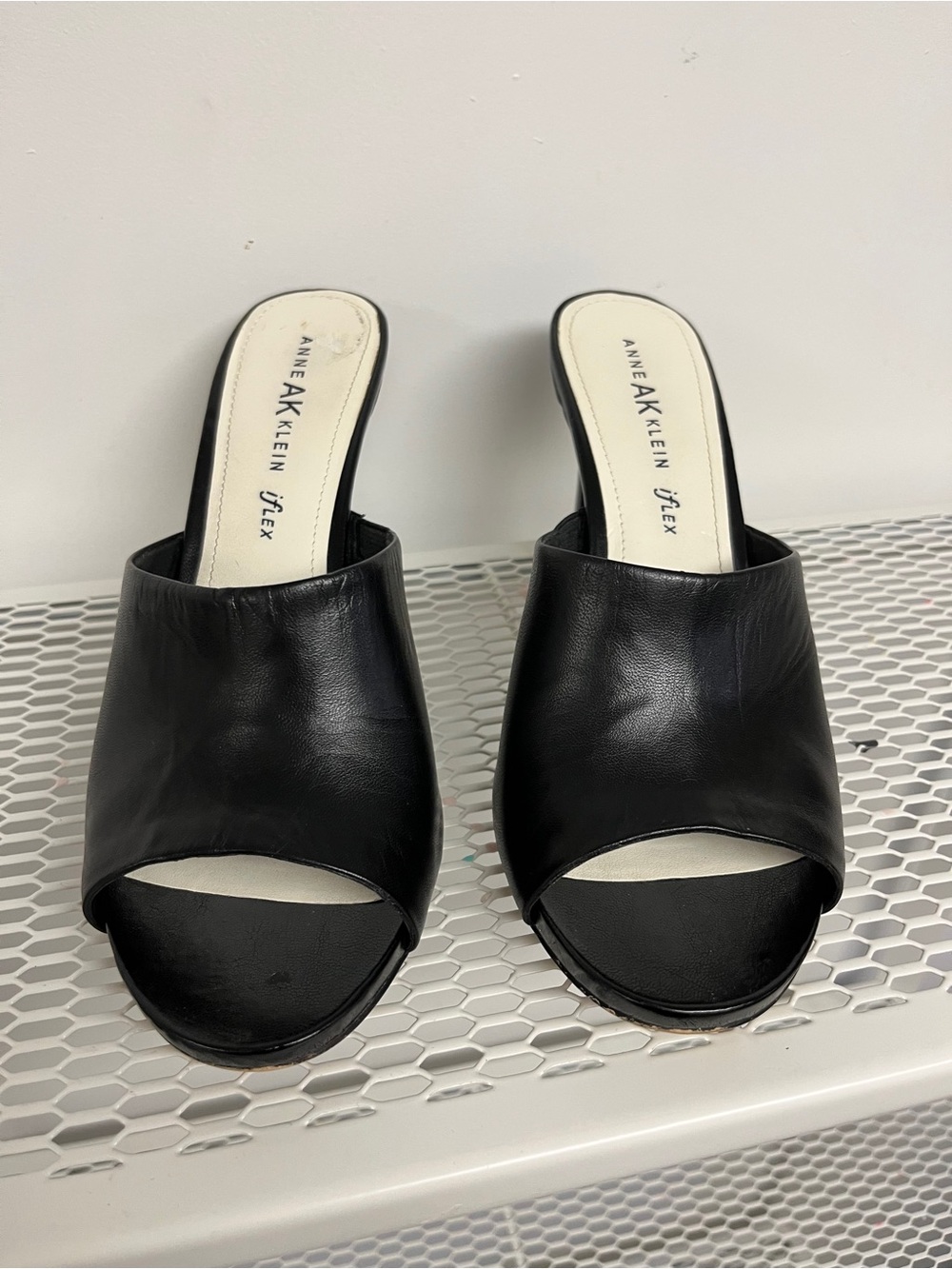 Anne Klein Black Leather Open-Toe Slide Mules